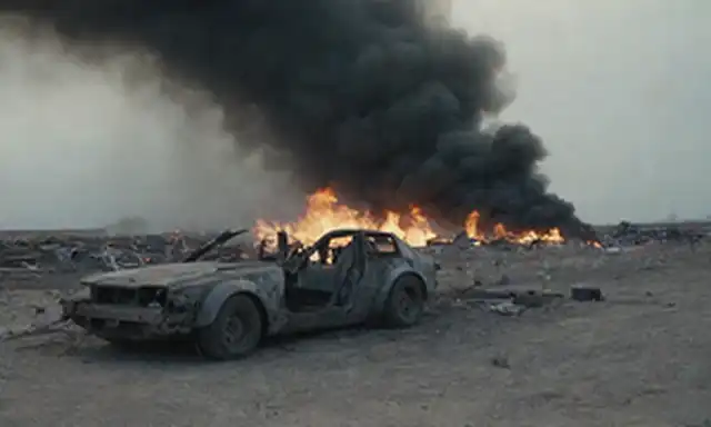 Un destrozado de un vehículo eléctrico se encuentra en un paisaje estéril, rodeado de metal torcido y escombros, con una débil ciruela de humo subiendo al aire, una figura solitaria en la distancia mirando hacia atrás en la escena en shock, contra un fondo gris y desolado