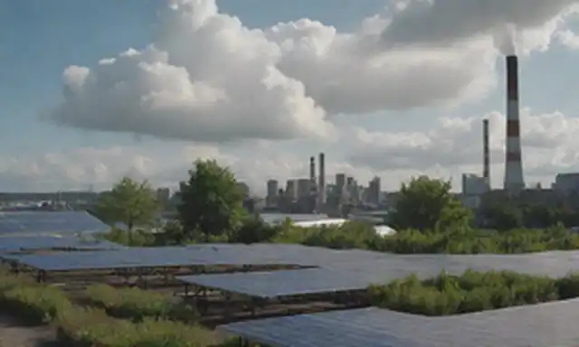 Un entorno industrial con fondo de nubes, chimeneas emitiendo símbolos de energía limpia, carga de coches eléctricos, trabajadores de fábrica inspeccionando maquinaria ecológica, vegetación brotando desde tejados, paneles solares brillando, y una pista de un paisaje urbano en la distancia