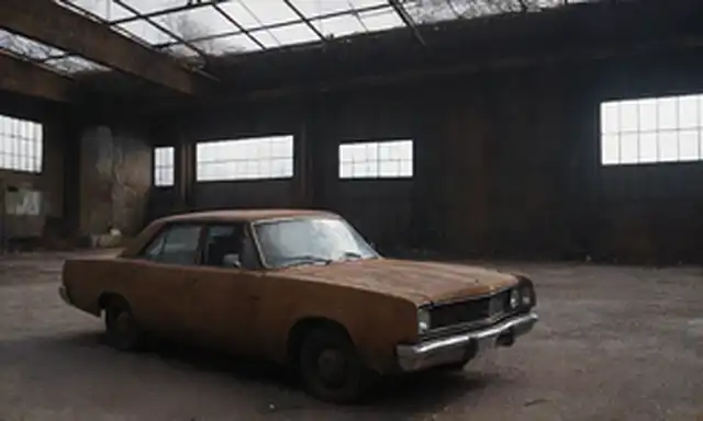 Almacenes industriales, autos abandonados, maquinaria oxidada, luces fluorescentes, sombras lencerias, paisaje desolado, fondo industrial, restos de fábrica, silencio