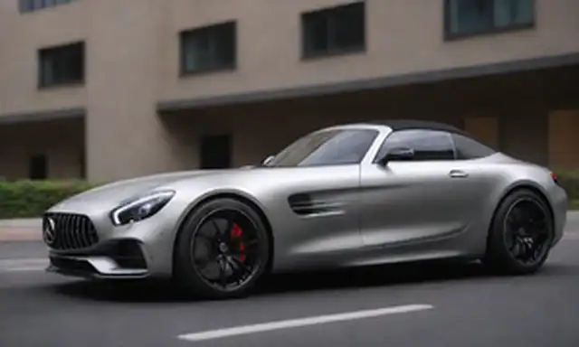 coche 3D renderizado, logo Mercedes-AMG, diseño elegante, colores oscuros, ruedas de alto rendimiento, estilo de roadster o coupe, pose dinámica con sugerencia de movimiento, fondo borroso para centrar la atención en el vehículo, características exteriores detalladas como ventilación y luces LED