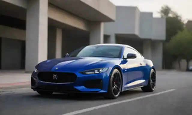 Golpe de 5 puertas, pintura metálica azul oscura, líneas de diseño elegante, rejilla frontal prominente, faros LED, arcos de rueda agresivos, neumáticos de bajo perfil, spoiler deportivo, elementos aerodinámicos, postura de alto rendimiento