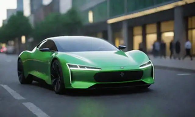 3D rendering of a sleek, futuristic electric car parked on a city street, with a green background and sutil lighting effects, providing bold lines, minimalist design, and an eye-catching color scheme