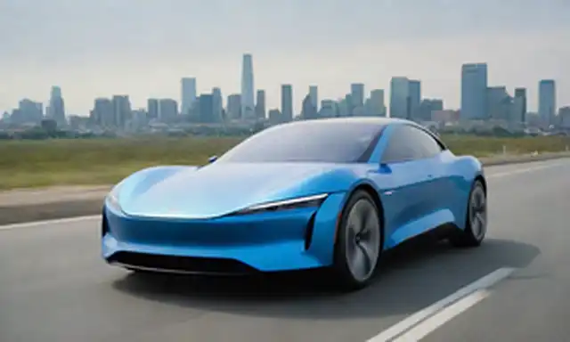 2022 modelo de coche eléctrico, Ark Zero, vista frontal, brillante esquema de color azul, diseño elegante, fondo de carretera abierto, cielo soleado, paisaje urbano distante, cable de carga sutil en primer plano, estética minimalista
