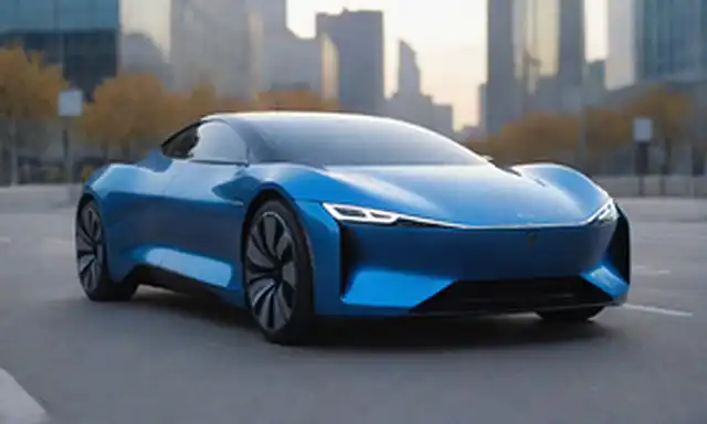 3/4 vista frontal de un elegante y futurista coche eléctrico con líneas azules brillantes en su cuerpo, estacionado en frente de un moderno paisaje urbano, luz del sol que refleja el acabado metálico de coches, rodeado de cables de carga sutil y accesorios, diseño minimalista destacando su forma aerodinámica