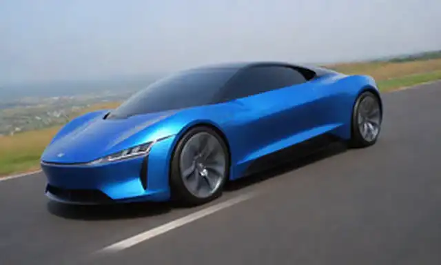 Eléctrico coche azul con diseño elegante, panel minimalista, amplio interior, esquema de color de dos tonos, acabado metálico, casco audaz, techo inclinado, estética futurista, puerto de carga, ruedas con diseño aerodinámico