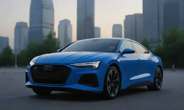 2023 Audi model, elegante diseño de sedán eléctrico, líneas azules brillantes tracing exterior, estación de carga en el fondo, futurista paisaje urbano con vegetación y rascacielos, luces LED sutiles iluminando ambiente nocturno
