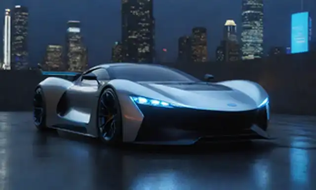 Un coche deportivo elegante y futurista con puertas de alambrado, pintura metálica de plata, ángulos agudos y brillantes acentos azules, sentado en un pedestal oscuro y de alta tecnología, con paisaje urbano de neon-lit o pista de carreras borrosa en el fondo
