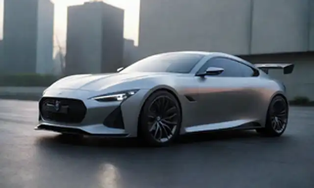 coche elegante de 5 puertas con líneas aerodinámicas, pintura metálica brillante, faros LED, spoiler trasero deportivo, elementos de diseño único en capucha y tapa de tronco, ruedas con aspecto futurista