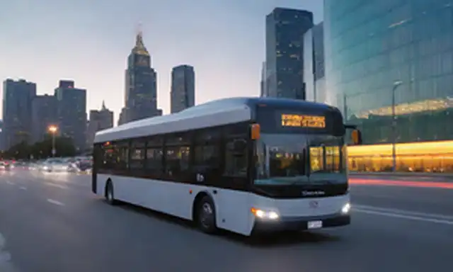 Autobuses eléctricos en movimiento con luces brillantes, futurístico paisaje urbano al atardecer, elegantes siluetas, líneas energéticas dinámicas, colores vibrantes, faros brillantes, velocidad y movimiento enfatizados, tecnología e innovación resaltados