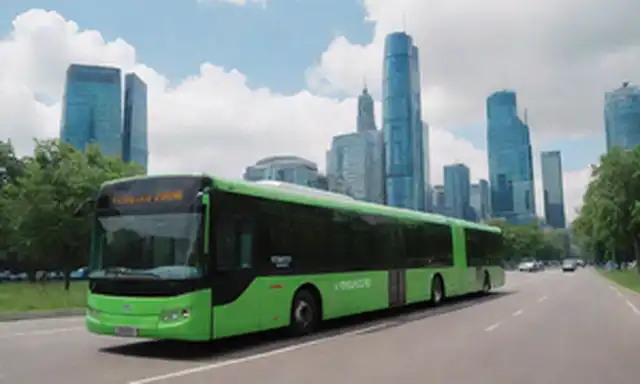 Paisaje urbano verde con autobuses eléctricos futuristas, líneas elegantes y curvas, arquitectura moderna, cielo azul con nubes blancas suaves, efecto de iluminación sutil, aire limpio, contaminación mínima