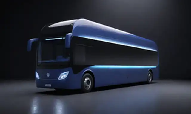 3D rendering of a futuristic bus, sleek and aerodynamic design, electric vehicle (EV) logo on side panel, transparent body panels, LED lights, futuristic wheels, dark blue color scheme, minimalist style, curvas line, dynamic pose