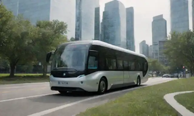 Un futurista paisaje urbano con un elegante y moderno autobús eléctrico en el centro, mostrando sus innovadores elementos de diseño inspirados en el BMW i3, con vegetación y edificios que se mezclan perfectamente en el paisaje urbano, transportando sostenibilidad, tecnología y economia