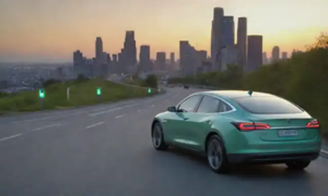 Autos eléctricos en un camino de viento al atardecer, con un paisaje urbano en el fondo; autos que no emiten humo ni fosas comunes; personas que cargan sus vehículos; una cuadrícula que muestra datos y gráficos; un reloj marcando; un medidor de energía verde; un mapa que muestra las estaciones de carga de vehículos eléctricos; un paisaje futurista con arquitectura elegante