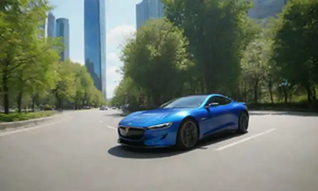 Un coche con un diseño moderno, color azul eléctrico, acelerando en un camino de viento, pasando por un paisaje urbano con altos edificios y árboles verdes, con un cielo soleado en el fondo