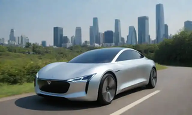Un coche eléctrico elegante y plateado con un diseño futurista