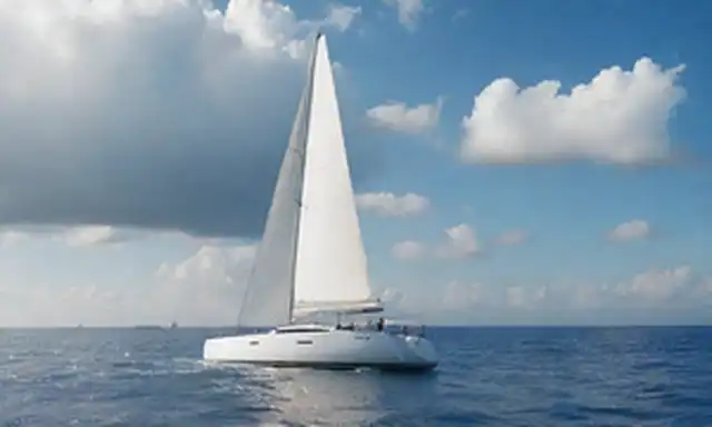3D render, velero, fondo marino, diseño elegante, detalles de lujo, características sostenibles, motor eléctrico, paneles solares, cielo azul, nubes blancas, olas marinas