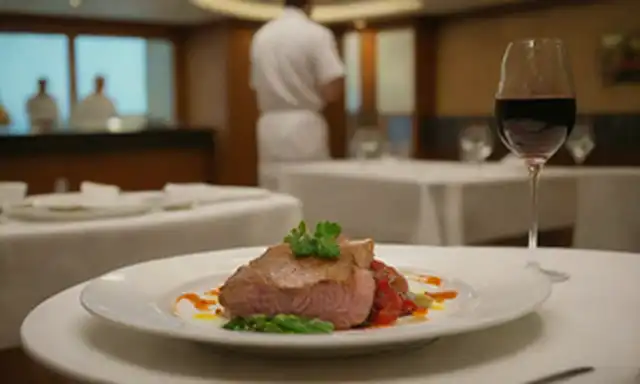 Un barco elegante de megacruise, colores vibrantes, buen ambiente gastronómico, chef en acción, platos de buceador en exhibición, cristalería y utensilios, acentos de decoración modernos