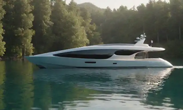 Un sereno lago o paisaje oceánico con un yate futurista en primer plano, hélices eléctricas visibles, diseño elegante, aguas tranquilas que reflejan los rayos del sol, la vegetación circundante exuberante y vibrante, sutiles on thewater surface