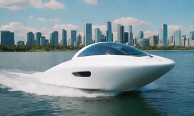 Un barco moderno y elegante que recorre aguas tranquilas, rodeado de un sereno cielo azul con nubes blancas hinchadas, con un diseño futurista con luces LED brillantes y paneles solares en su casco, acompañado por un sendero sutil detrás de él, con un paisaje urbano distante en el fondo que muestra el desarrollo urbano a lo largo de los paseos marítimos