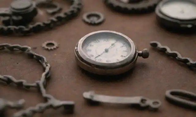 Un reloj con una mano atascada en el tiempo, rodeado de engranajes fragmentados y cadenas rotas; un kit de herramientas de reparación dispersos alrededor de una mesa con un reloj de mal funcionamiento tumbado en la parte superior; un cierre de un mecanismo defectuoso con partes oxidadas visibles; una persona atrapada en un bucle de tiempo, reviviendo el mismo momento repetidamente
