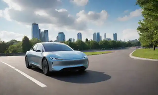 Un futurista paisaje urbano con un elegante coche eléctrico que conduce en un camino limpio, rodeado de exuberante vegetación y un cielo azul con pocas nubes, con una estación de carga en el fondo con un logotipo de grafieno, un paquete de batería visible debajo del cuerpo de coches, y una sutil pista de paneles solares en las azoteas
