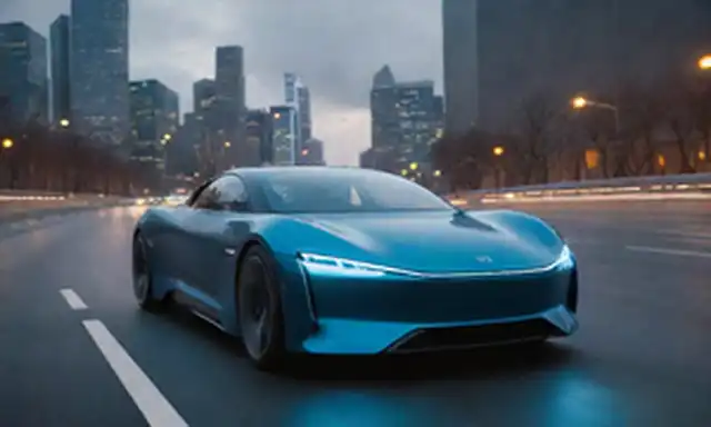 2025 coche eléctrico conduciendo en una carretera con un futurista paisaje urbano en el fondo, con un paquete de batería de grafeno visible a través de una tapa de tronco transparente, rodeado de elegantes luces LED y aerodinámica avanzada, con un esquema de color audaz que insinúa la innovación, un cable de carga huyendo del coche, y una sutil niebla de electrones girando alrededor de él