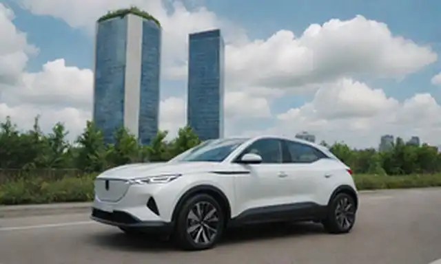 Un paisaje urbano elegante y futurista con un coche blanco MG4 Electric estacionado frente a un moderno edificio de alta altura