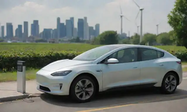 Un coche eléctrico elegante con estación de carga en el fondo