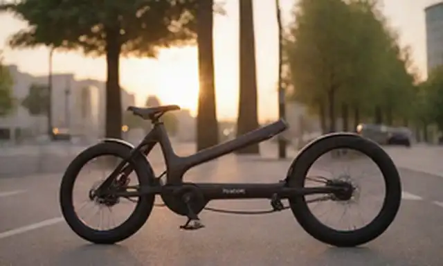 Una elegante bicicleta eléctrica con un diseño futurista, iluminada por tonos de sol, estacionada en una moderna calle de la ciudad con arquitectura minimalista, rodeada de elementos urbanos como postes de lámpara y árboles, mostrando su tamaño compacto y características innovadoras
