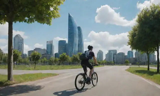 Un paisaje urbano con un ciclista en primer plano montando una bicicleta eléctrica elegante y moderna, contra un cielo azul brillante con pocas nubes, rodeado de vegetación y estructuras urbanas como edificios y postes de lámpara El diseño de bicicletas es futurista y llamativo