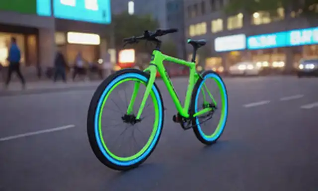 Una bicicleta futurista con líneas elegantes, acentos verdes de neón y neumáticos azules brillantes, acelerando una calle de la ciudad, peatones y coches pasados, con un fondo borroso, transportando alta velocidad e innovación