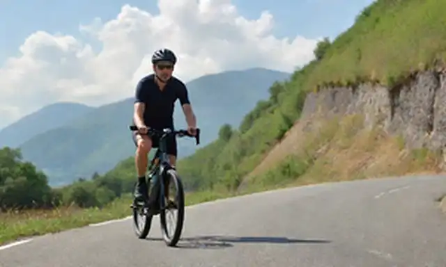 Una persona montando una bicicleta eléctrica elegante con luces LED brillantes, inclinándose en una curva suave en una carretera de montaña pintoresca, con vegetación exuberante y cielo azul en el fondo; el jinete está concentrado y relajado, con las manos agarre suavemente manilladas; bicicletas tecnología avanzada y diseño ergonómico son subtly destacados por la iluminación ambiente