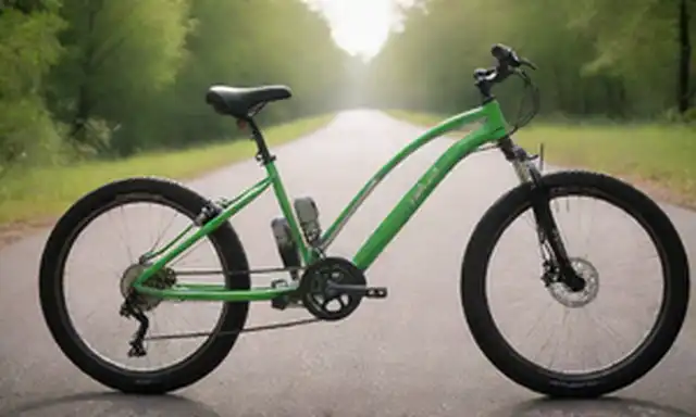 250W motor eléctrico, marco de bicicletas, logotipo de la marca Savannah, colores verdes brillantes y plateados, diseño elegante, jinete en acción, paisaje de carretera o sendero, reflejo de la luz solar en piezas metálicas, efecto de resistencia al viento sutil