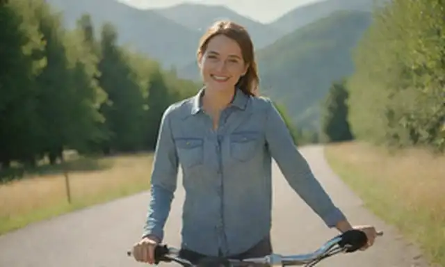 Una mujer, al aire libre, sonriendo, usando ropa casual, de pie junto a una bicicleta, con colinas o montañas en el fondo, clima soleado, posiblemente árboles u otra vegetación, paisaje urbano moderno o entorno rural