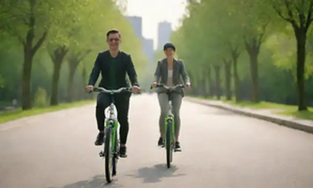 Bicicleta eléctrica con diseño elegante, marco de plata, acentos verdes brillantes, jinete sonriendo en fondo, paisaje urbano, cielo soleado, árboles, efecto de movimiento borroso, enfoque en bicicleta
