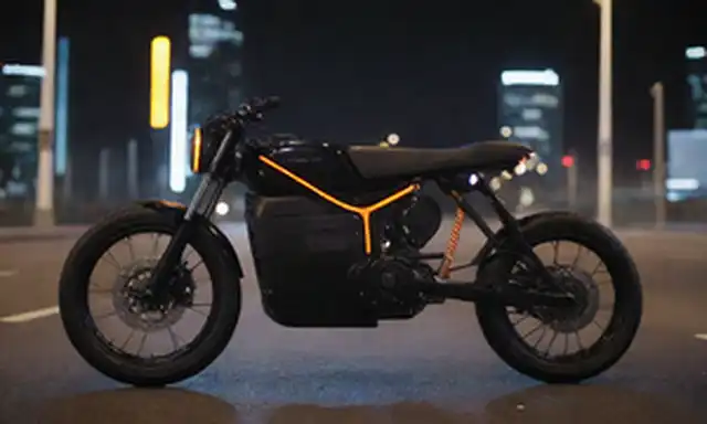 Bicicleta eléctrica, diseño elegante, tanque de hidrógeno, cable de carga, fondo futurista, paisaje urbano por la noche, luces de neón, ambiente ecológico, composición minimalista
