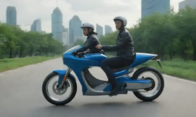2025 moto modelo con diseño elegante, azul eléctrico y colores plateados, un toque futurista, un indicador de dirección eólica fluida, dos corredores con ropa casual disfrutando, fondo de paisaje urbano con vegetación y características de agua, día soleado con nubes suaves, reflexión sutil sobre la carretera