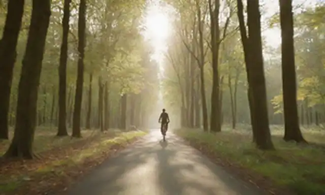 Un paisaje sereno con un ciclista montando una bicicleta eléctrica, la luz del sol brillando a través de árboles, aves volando sobre la cabeza, sutil efecto borroso para transportar movimiento, suaves colinas en el fondo, y un débil resplandor alrededor de las ruedas de bicicletas