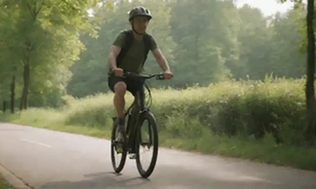 Un disparo de cerca de una persona montando una bicicleta eléctrica con un diseño minimalista