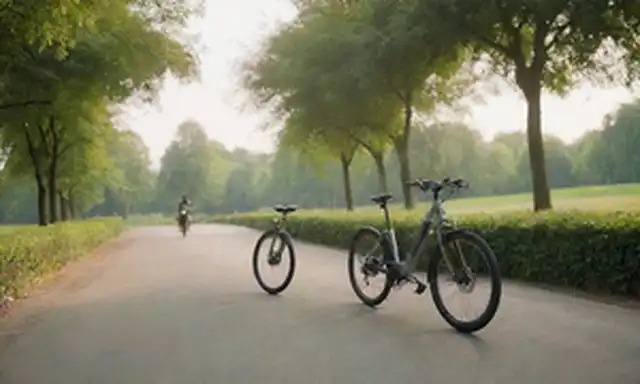 2 bicicletas eléctricas lado a lado, un paisaje sereno fondo, luz solar cálida, características de diseño moderno, líneas elegantes, colores vibrantes, accesorios minimalistas, figuras humanas en la distancia, vegetación exuberante, ambiente tranquilo