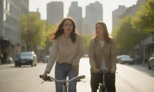 Una escena urbana brillante y moderna, un primer plano de las bicicletas diseño elegante, una mujer con un atuendo casual montando en una calle tranquila, la luz del sol reflejando su cuerpo metálico, un paisaje urbano sutil en el fondo, un sentido de libertad y alegría transmitido a través de la pose y expresión