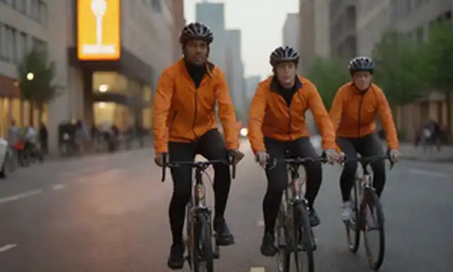 3 personas montando, paisaje urbano en el fondo, bicicletas diseño elegante, esquema de color naranja, luces delanteras y traseras brillando, manillar elegante, pedales con engranajes, acentos cromáticos, y una sutil pista de movimiento borroso