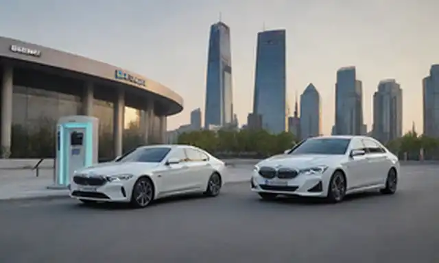 Vehículos eléctricos en movimiento, paisaje urbano en el fondo, arquitectura de inspiración china, estación de carga en primer plano, BMW y Mercedes-Benz logos prominentes, diseño elegante, modernos elementos estéticos, de alta tecnología