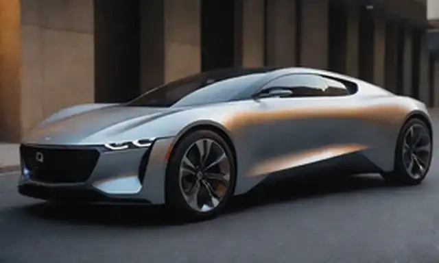 coche de 4 puertas con diseño elegante y futurista, cuerpo metálico brillante, 32 paneles coloridos en el exterior, innovador pantalla frontal (HUD) proyectando información digital, líneas aerodinámicas, acentos brillantes, contornos audaces, y una estética de vanguardia