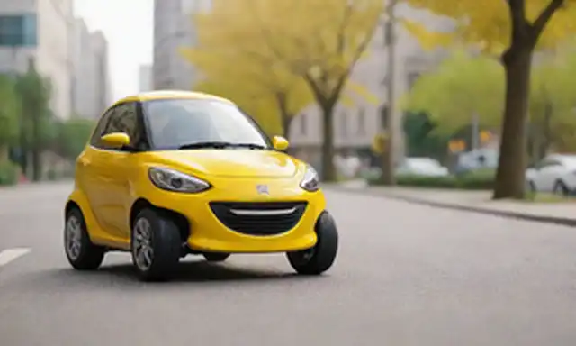 Vehículo de 3 ruedas, color amarillo brillante, tamaño pequeño, diseño elegante, líneas curvas, figura de mascota sonriente cerca, fondo urbano, calle de la ciudad con árboles y edificios