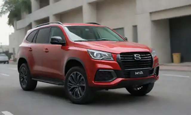 4x4 vehiculo, SUV diseño, powertrain híbrido, trama de color rojo, estética deportiva, interior de lujo, potentes ruedas, rejilla frontal agresiva, líneas elegantes, pose dinámica
