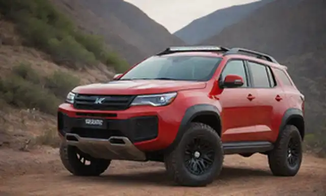 Vehículo 4x4 con un audaz esquema de color rojo, elementos de diseño deportivo, detalles híbridos de potencia, puerto de carga, grandes ruedas, ajuste de terreno robusto, pose dinámica, luces brillantes, materiales interiores premium, zona de asiento lujo