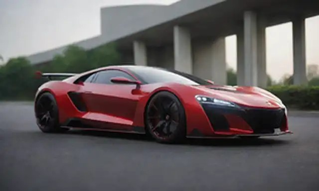 Carro de alto rendimiento, motor eléctrico híbrido, motor turbocargado, diseño elegante, estilo deportivo, postura agresiva, esquema de color audaz, acentos rojos, faros LED, ruedas aerodinámicas, velocímetro de fondo, pose dinámica, características de alta tecnología, lujoso interior, materiales premium