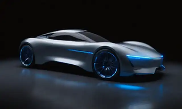 3D rendering of a sleek, futuristic electric sports car with aerodynamic lines, brighting blue acentos, and a transparent glass roof, set against a dark gray or black background, with sutil hints of French design cues like rayas or logos