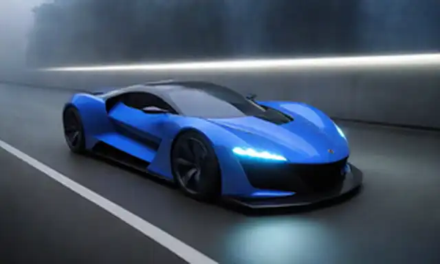 elegante coche deportivo azul eléctrico, faros futuristas, curvas aerodinámicas, techo de cristal transparente, diseño minimalista, líneas afiladas, detalles de fibra de carbono, luces LED brillantes, lujoso interior, acelerando lejos de paisaje urbano, efecto de niebla dramático, sombras oscuras
